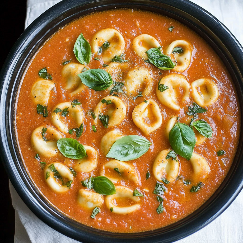 Recipe preparation for Slow Cooker Creamy Tomato Basil Tortellini Soup