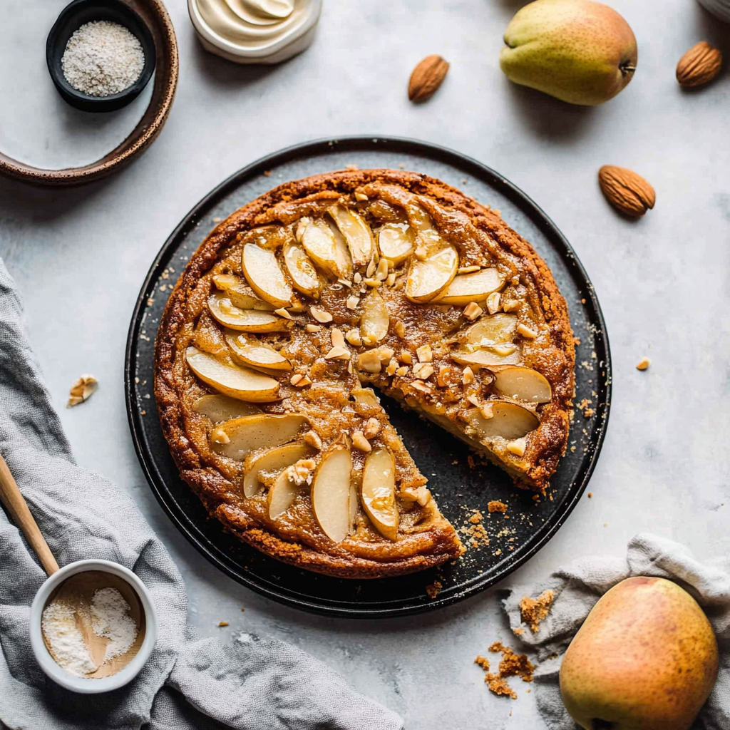 Recipe preparation for Spiced Pear Almond Cake with Vanilla Drizzle