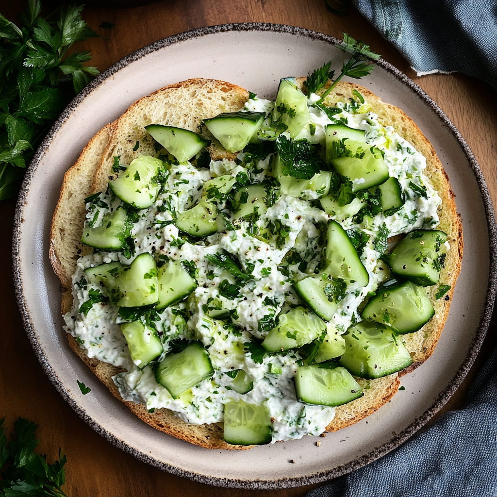 Recipe preparation for Whipped Feta & Cucumber Tartines