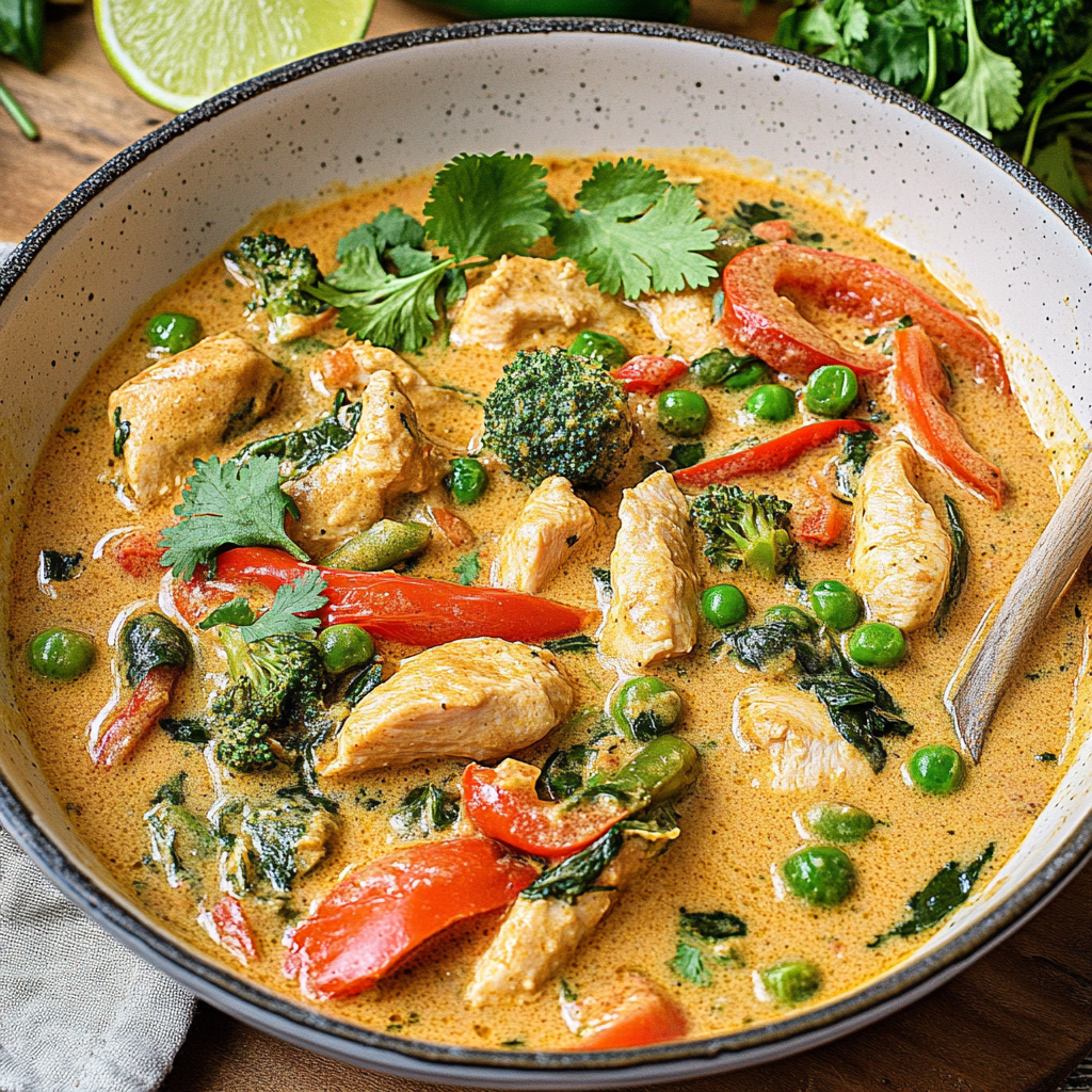 Recipe preparation for Coconut Curry Chicken with Spinach & Peas