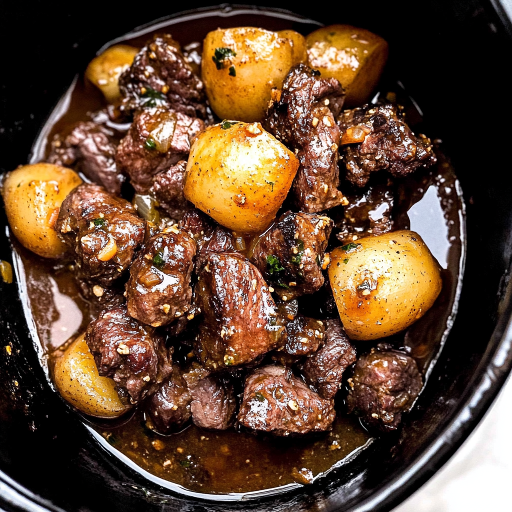 Recipe preparation for Slow-Cooker Garlic Butter Beef Bites with Potatoes