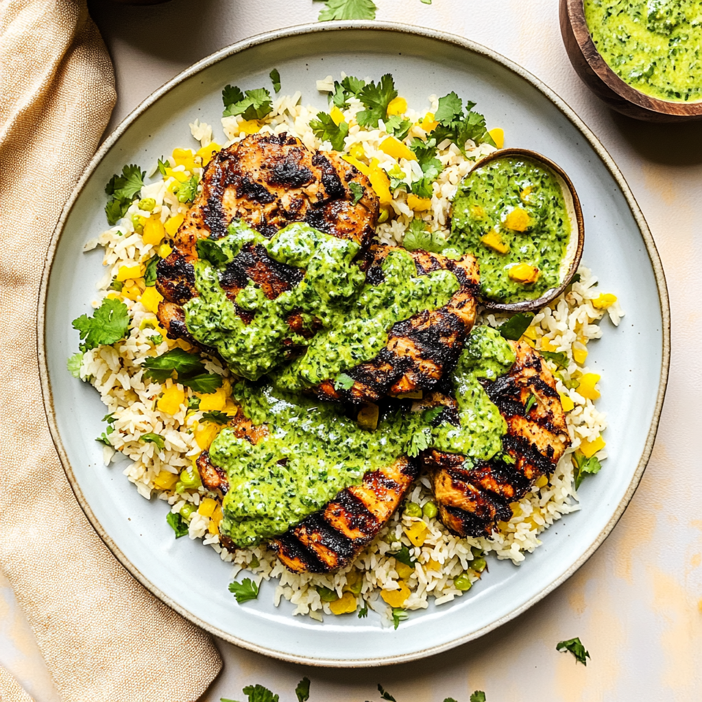 Recipe preparation for Peruvian Chicken & Rice with Green Sauce