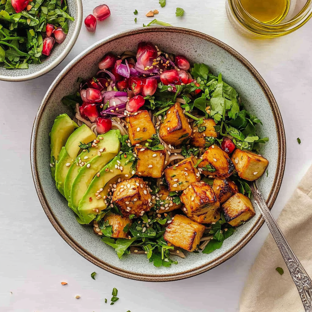 Recipe preparation for Edamame Avocado Soba Noodle Tahini Bowl