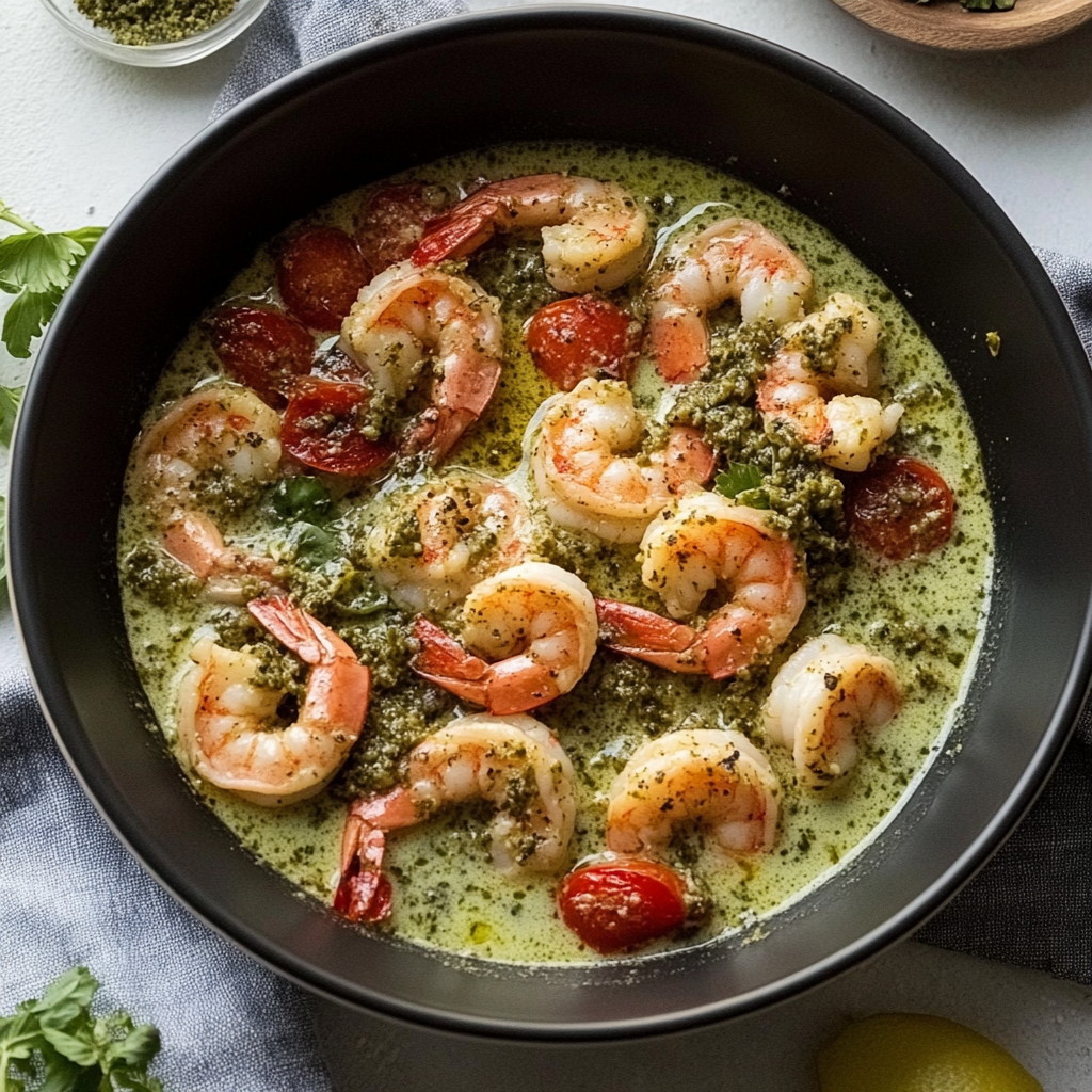 Recipe preparation for creamy pesto shrimp