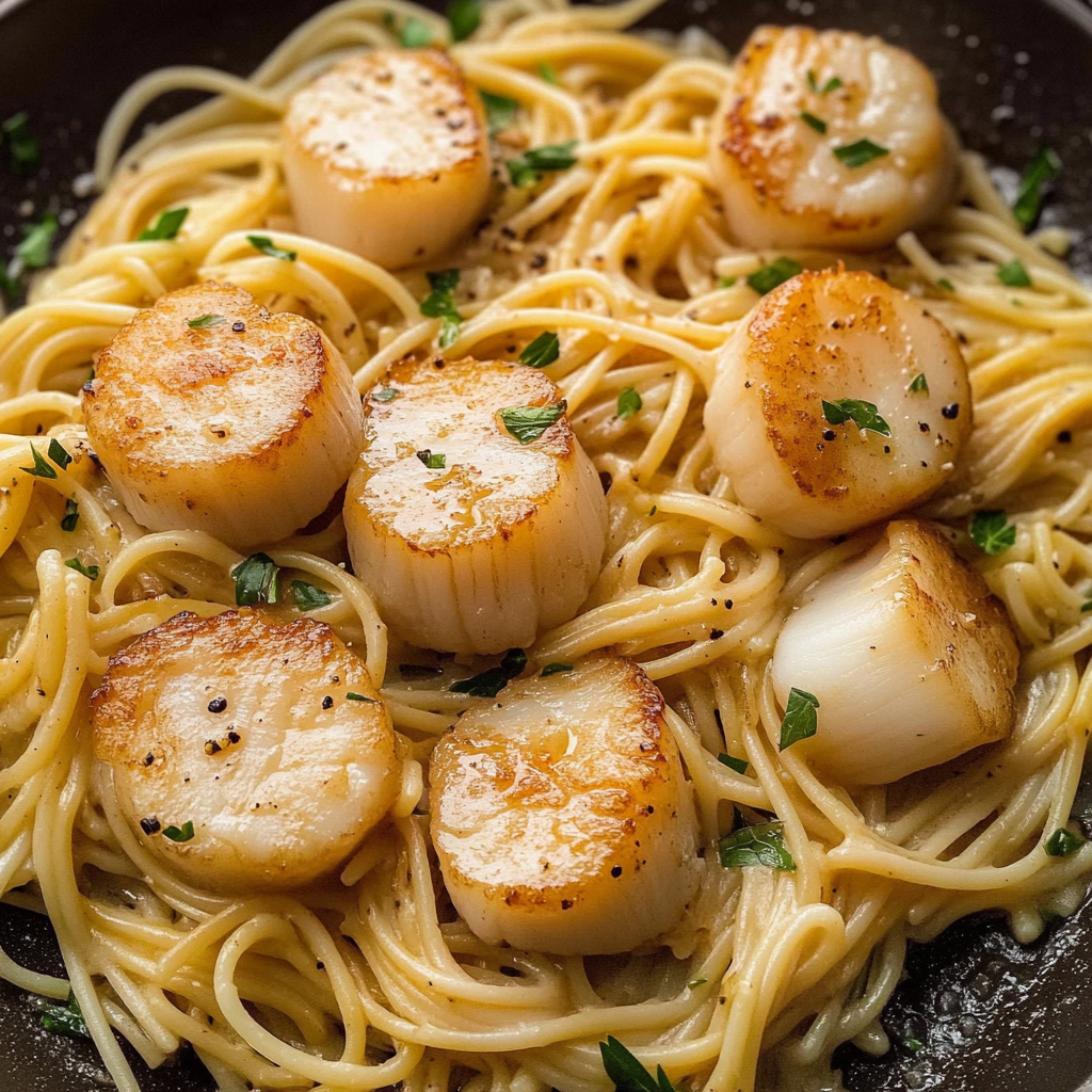 Recipe preparation for quick scallops with pasta