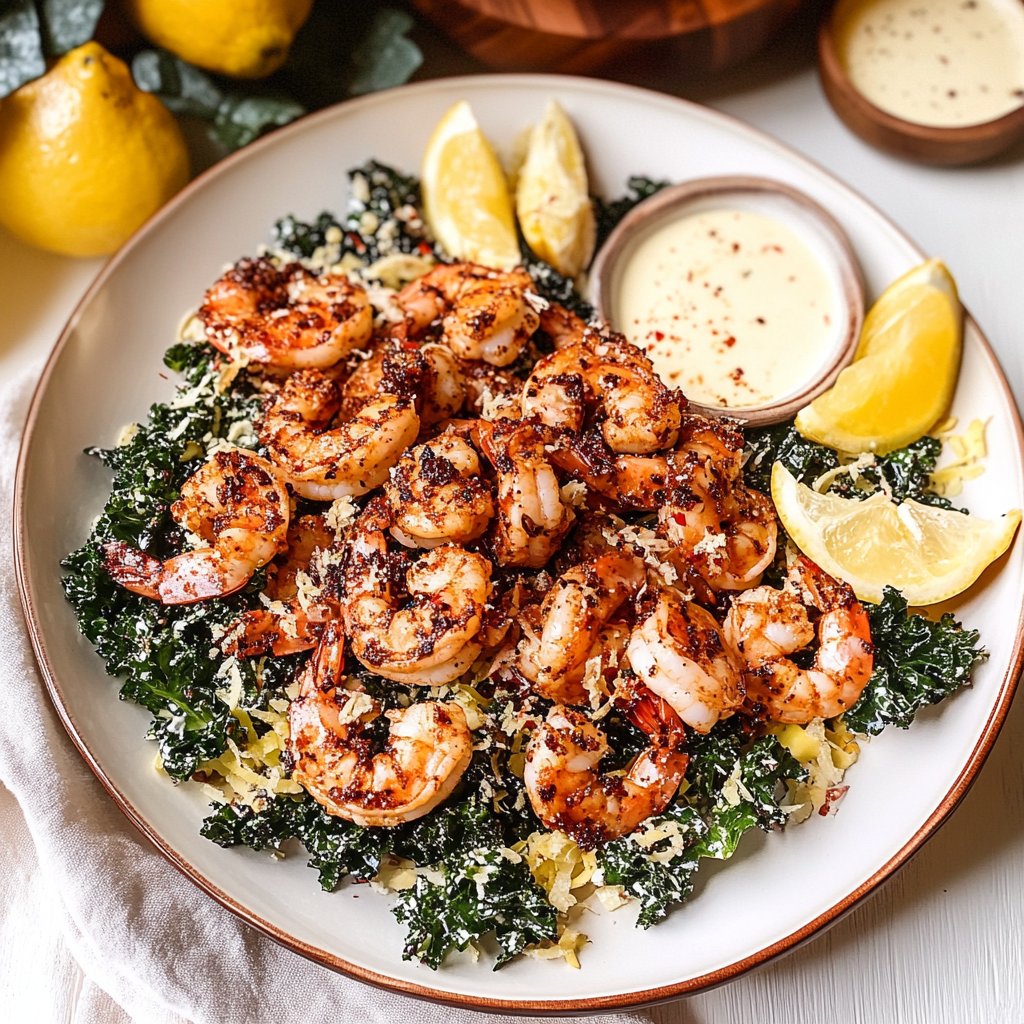 Recipe preparation for blackened shrimp tuscan kale & shaved apple caesar salad