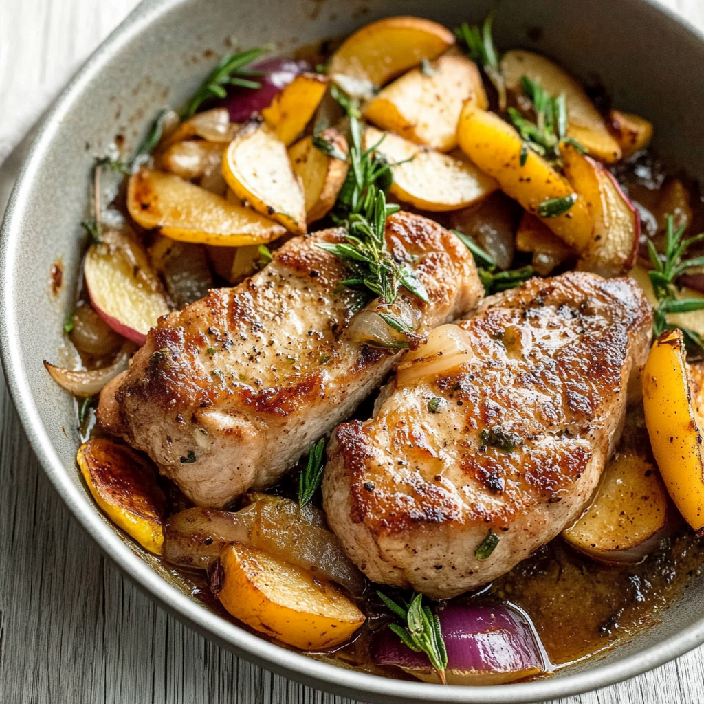 Recipe preparation for pork chops with apples and onions