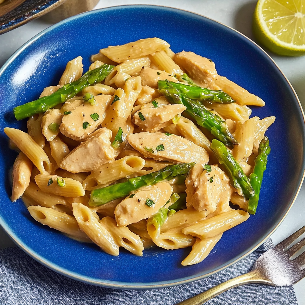 Recipe preparation for Creamy Chicken Asparagus Pasta