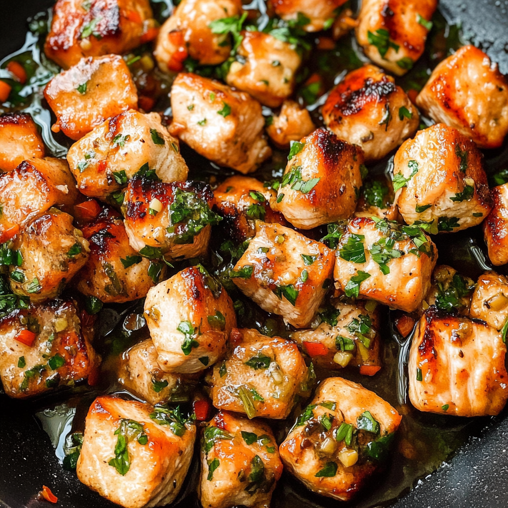 Recipe preparation for garlic butter salmon bites