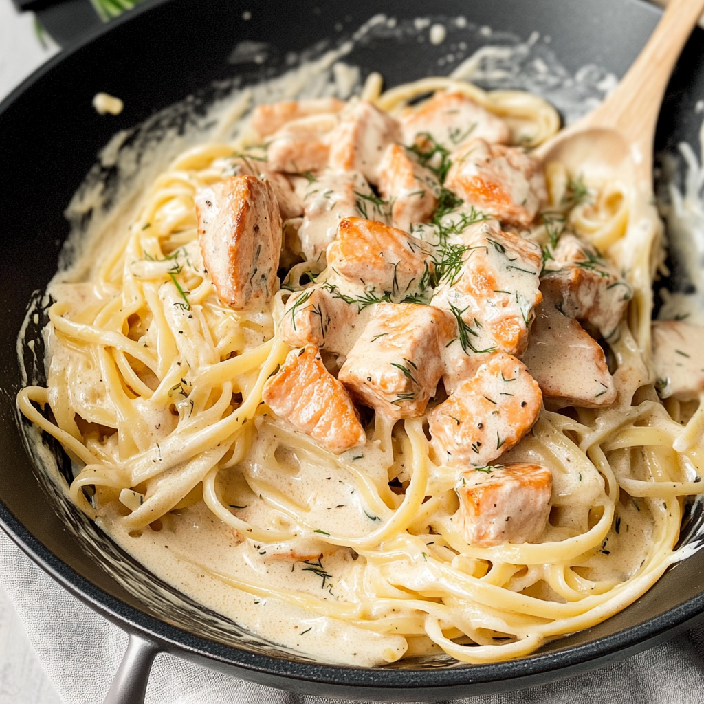 Recipe preparation for lemon dill salmon pasta