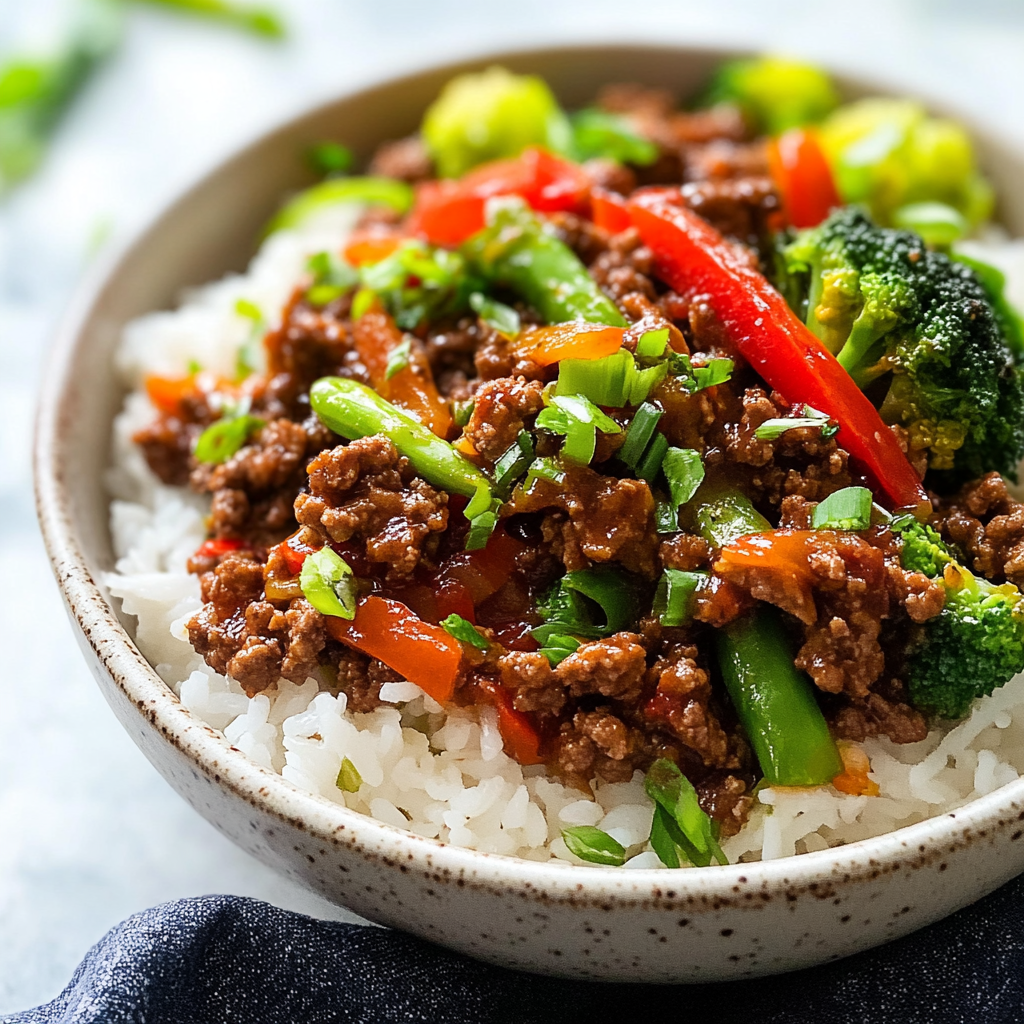 Recipe preparation for spicy ground beef stir-fry bowl with garlic veggies & steamy rice
