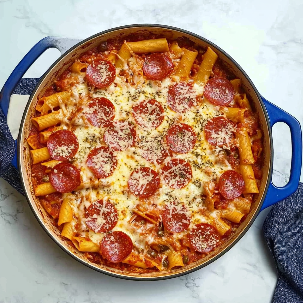 Recipe preparation for one pan pizza baked ziti