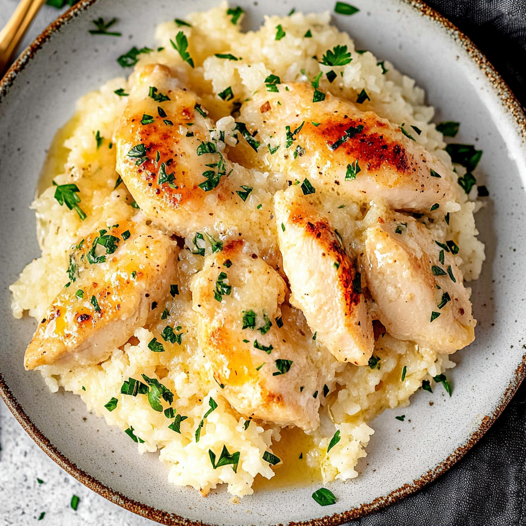 Recipe preparation for chicken scampi with creamy garlic parmesan rice