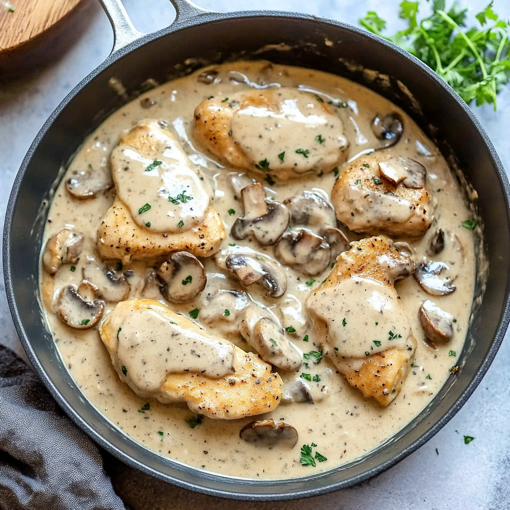 Recipe preparation for creamy mushroom chicken