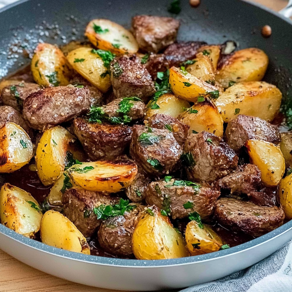 Recipe preparation for Garlic Butter Steak Bites with Crispy Potatoes