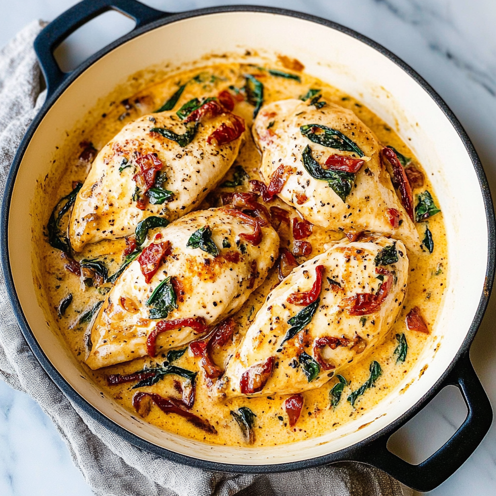 Recipe preparation for Creamy Tuscan Garlic Chicken Skillet