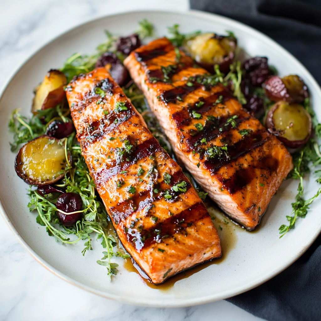 Recipe preparation for Balsamic Glazed Salmon with Roasted Vegetables