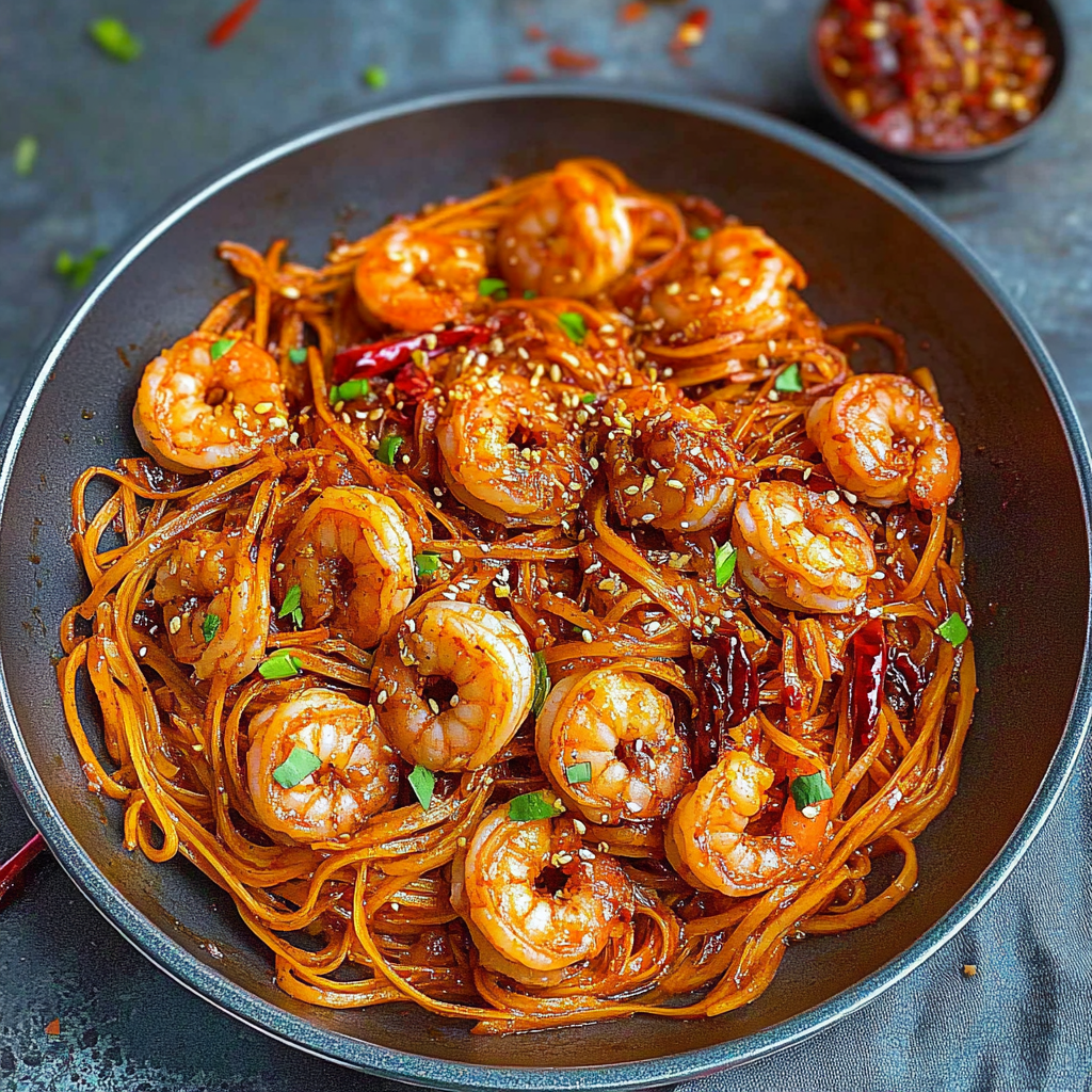 Recipe preparation for Spicy Szechuan Shrimp and Noodles