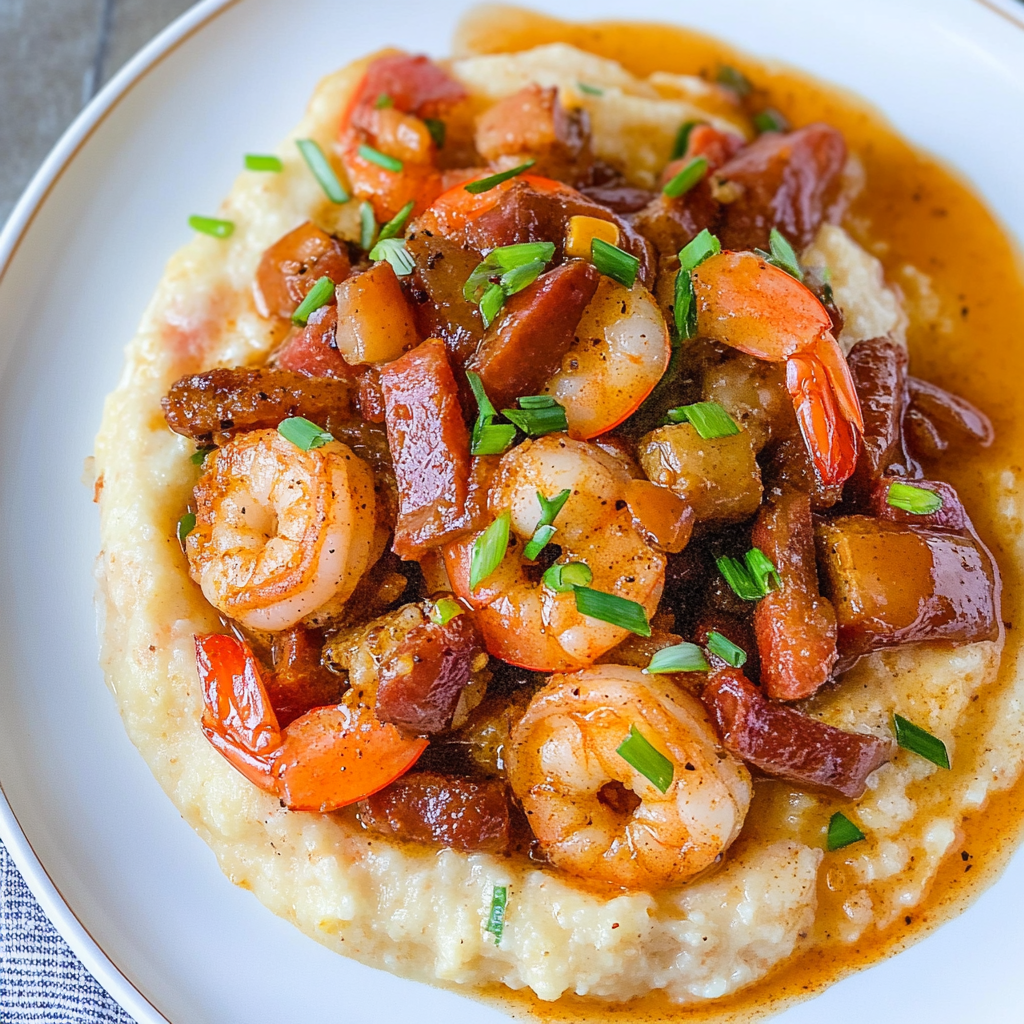 Recipe preparation for Cajun Shrimp and Grits with Andouille Sausage