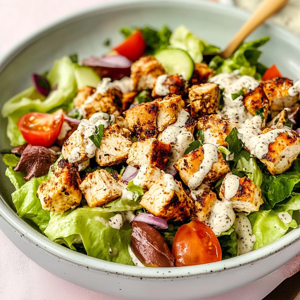 Recipe preparation for greek chicken salad with lemon herb dressing