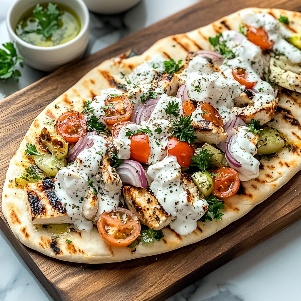 Recipe preparation for greek chicken flatbread