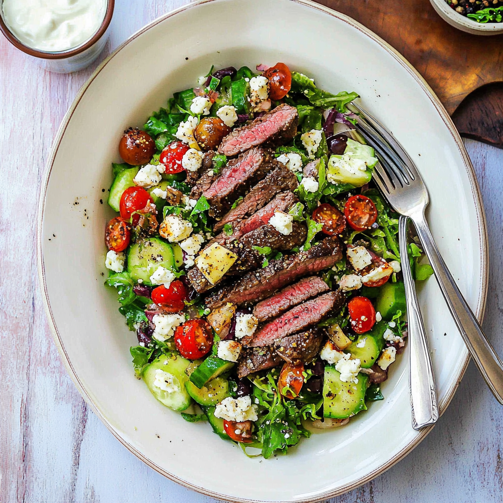 Recipe preparation for greek salad with steak