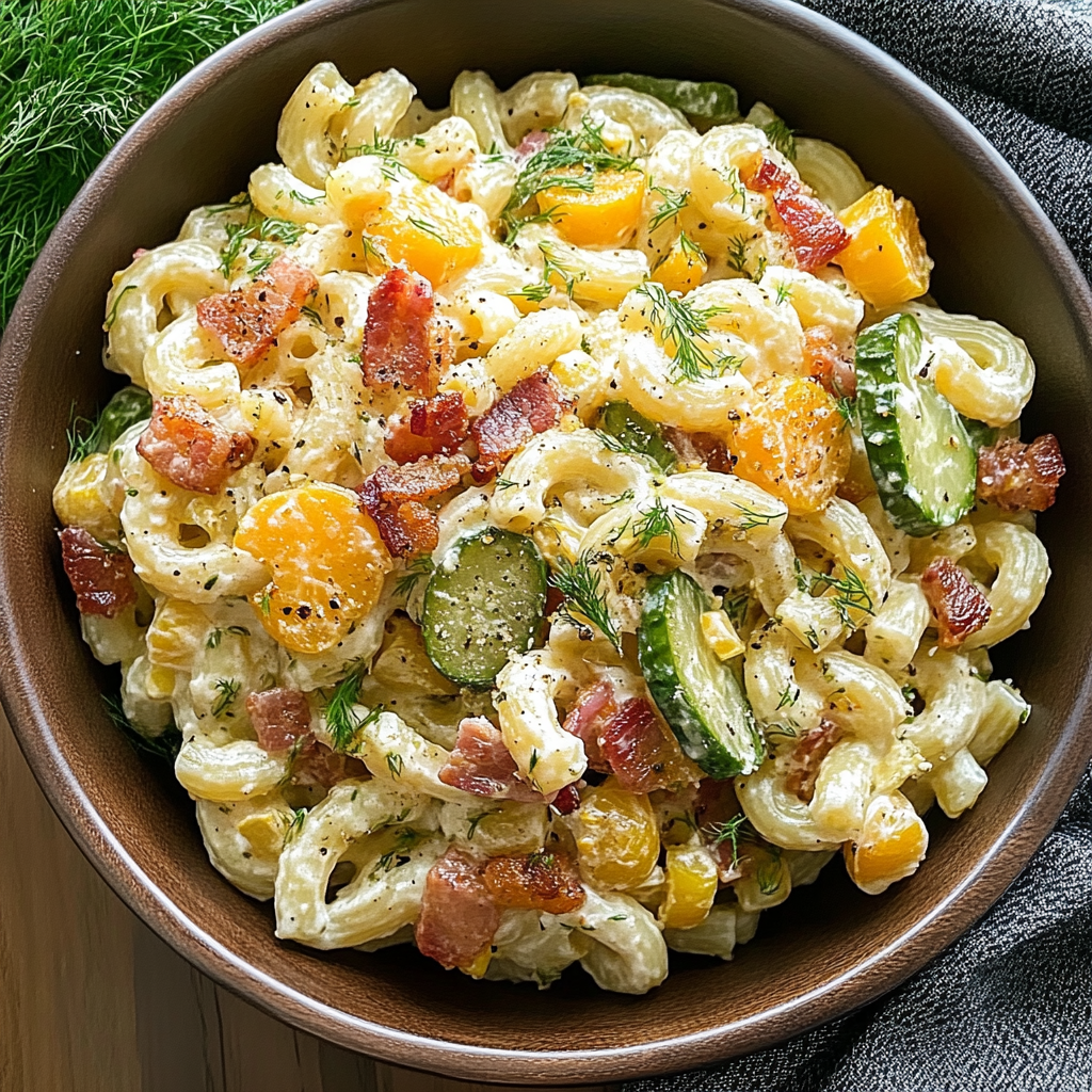 Recipe preparation for dill pickle bacon pasta salad