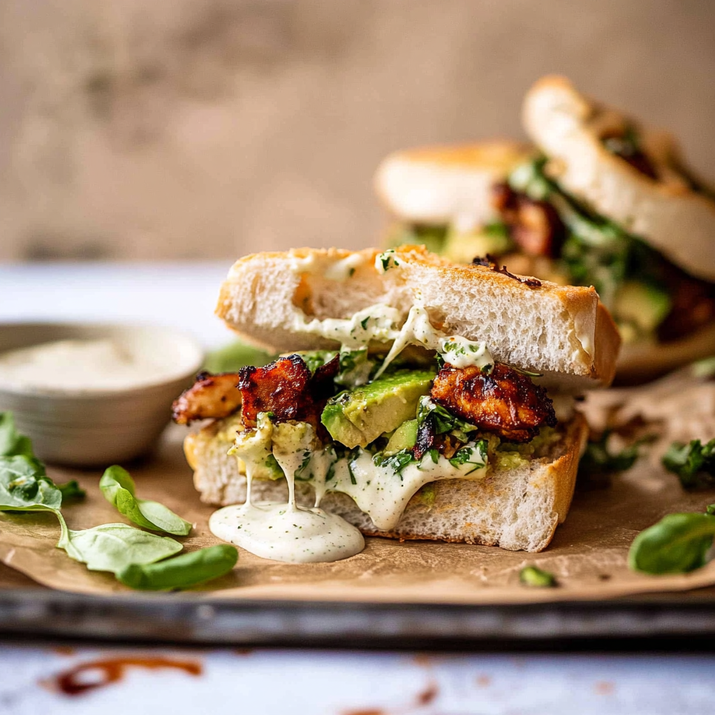 Recipe preparation for honey mustard chicken avocado sandwich with tahini ranch.
