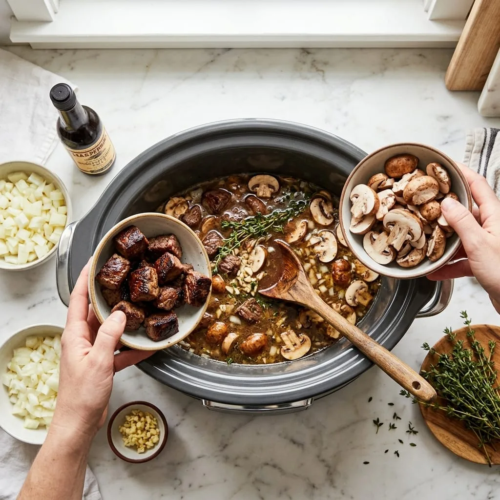 Adding beef, mushrooms, onions, and broth into slow cooker