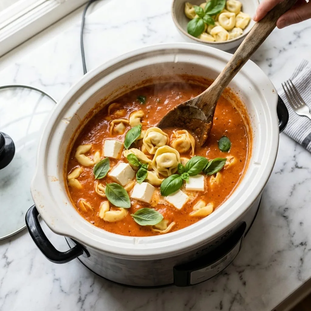 Adding three-cheese tortellini, cream cheese, and fresh basil into hot soup