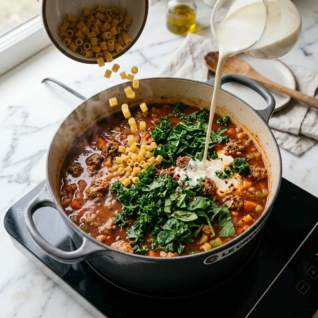 Adding ditalini pasta, kale, and heavy cream to soup pot