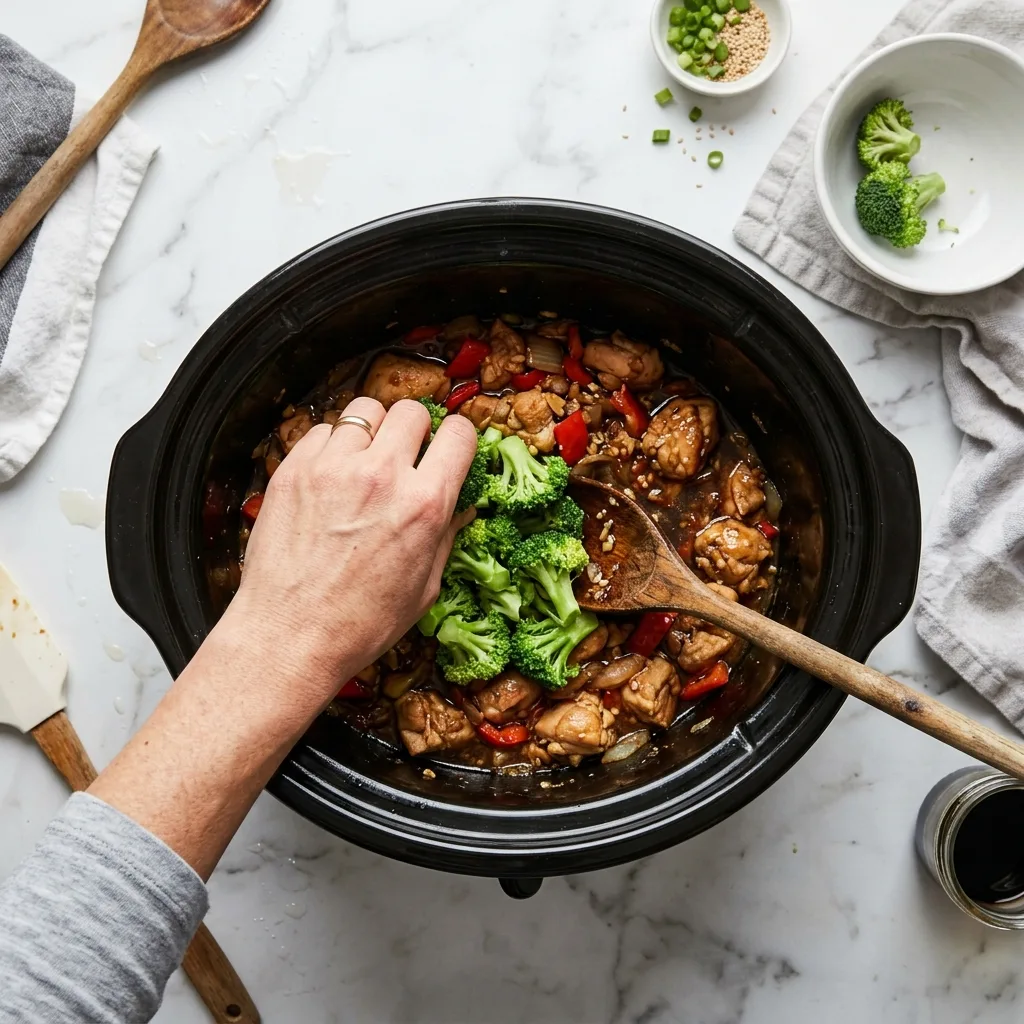 Adding fresh green broccoli florets into slow cooker with saucy chicken