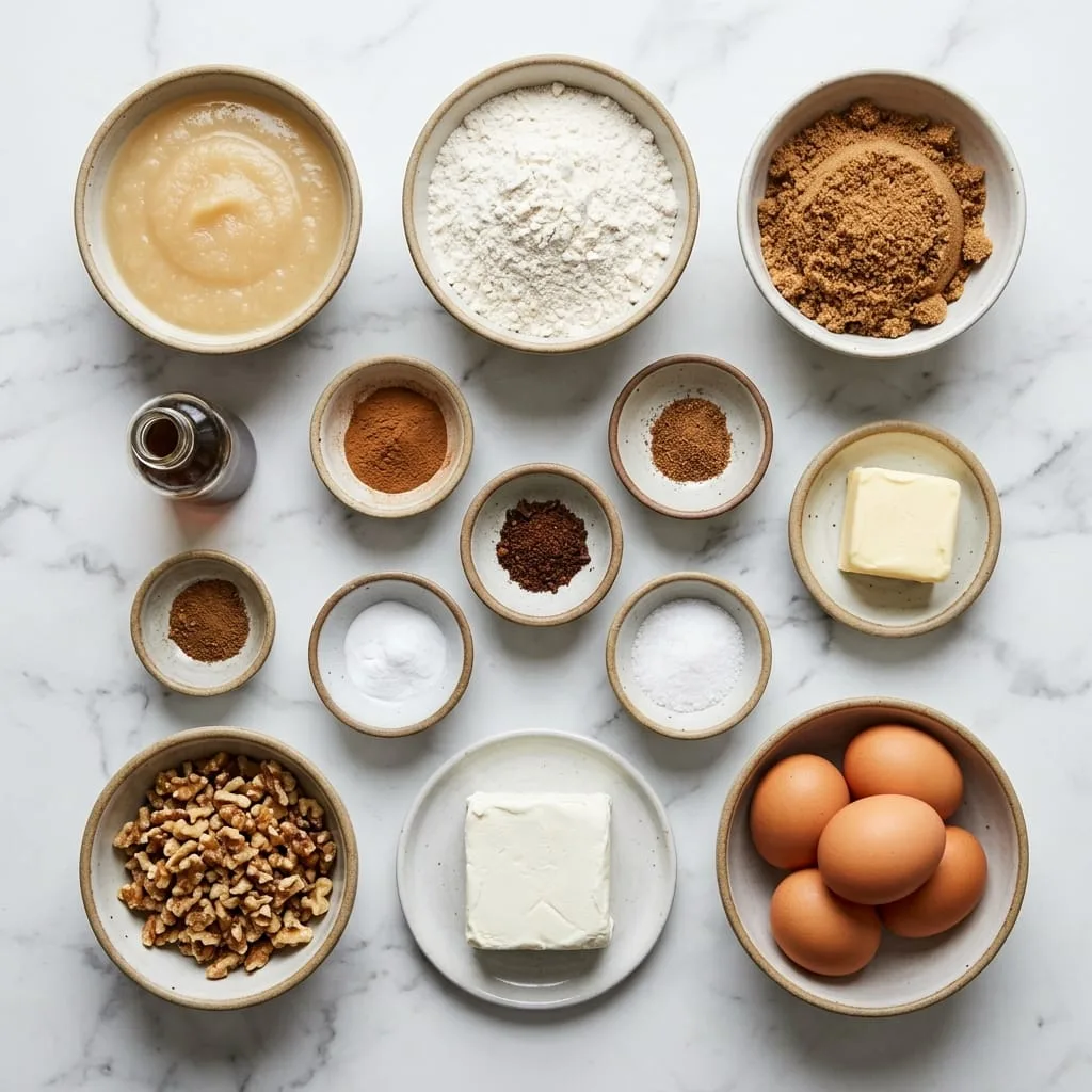 Applesauce cake ingredients laid out on white marble countertop