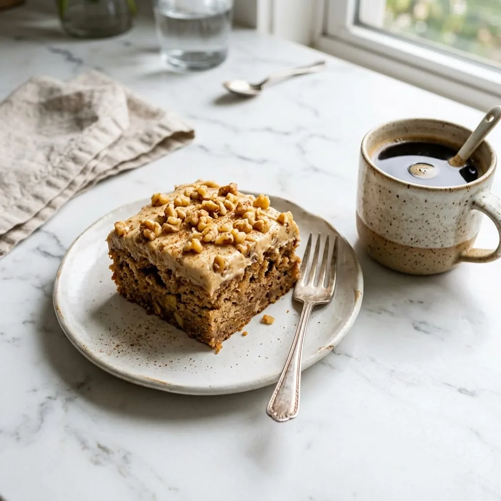 Square slice of spiced Applesauce Cake with caramel frosting and walnuts