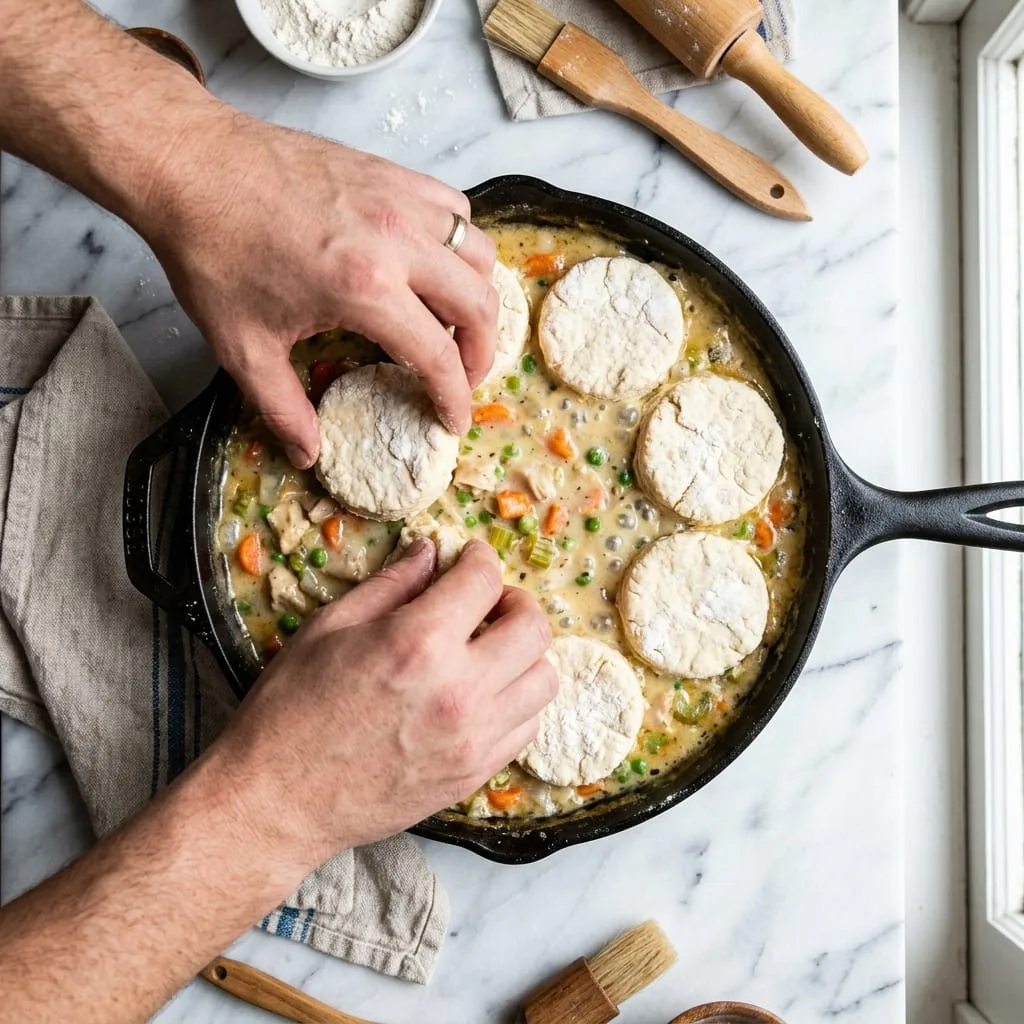 Arranging buttermilk biscuit dough rounds over pot pie filling in skillet