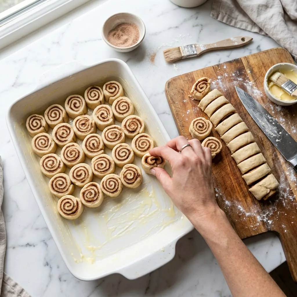 Arranging cinnamon roll pieces in dish