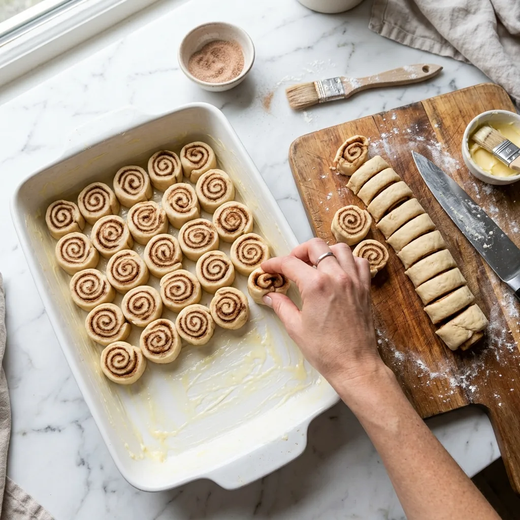 Arranging cut cinnamon roll pieces into buttered 9x13-inch baking dish