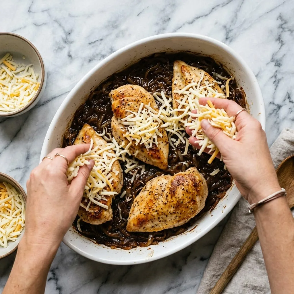 Assembling chicken breasts over caramelized onions and topping with Gruyere