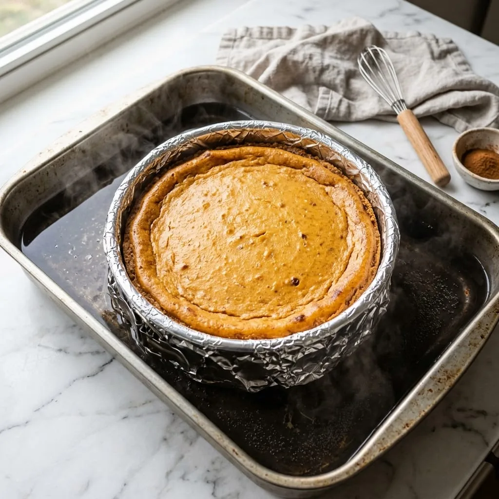 Baking sweet potato cheesecake inside roasting pan water bath