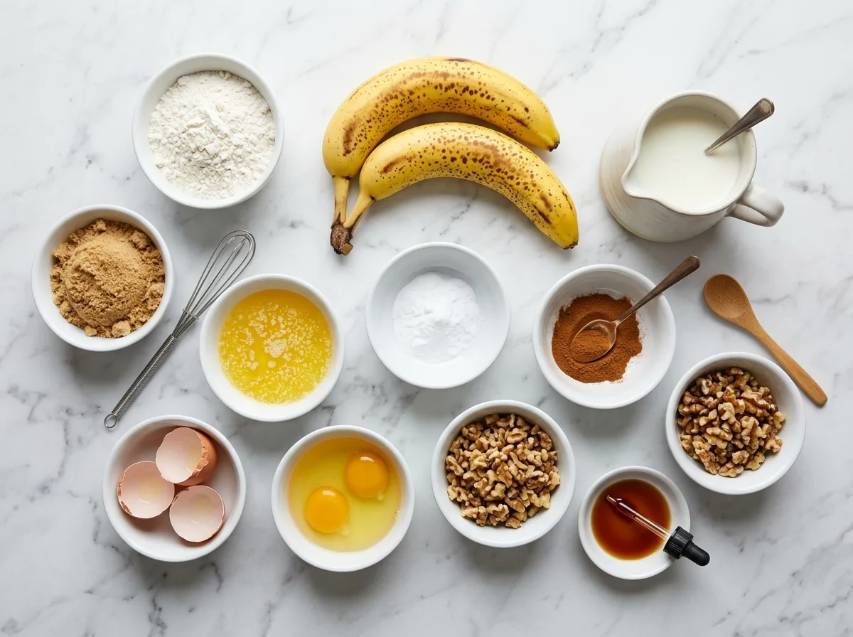 Banana Buttermilk Muffins ingredients laid out on white marble counter