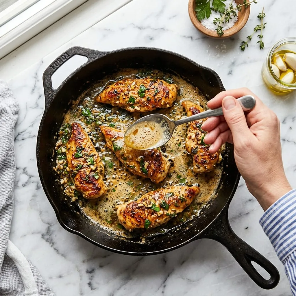 Basting golden chicken tenders with bubbling garlic butter sauce