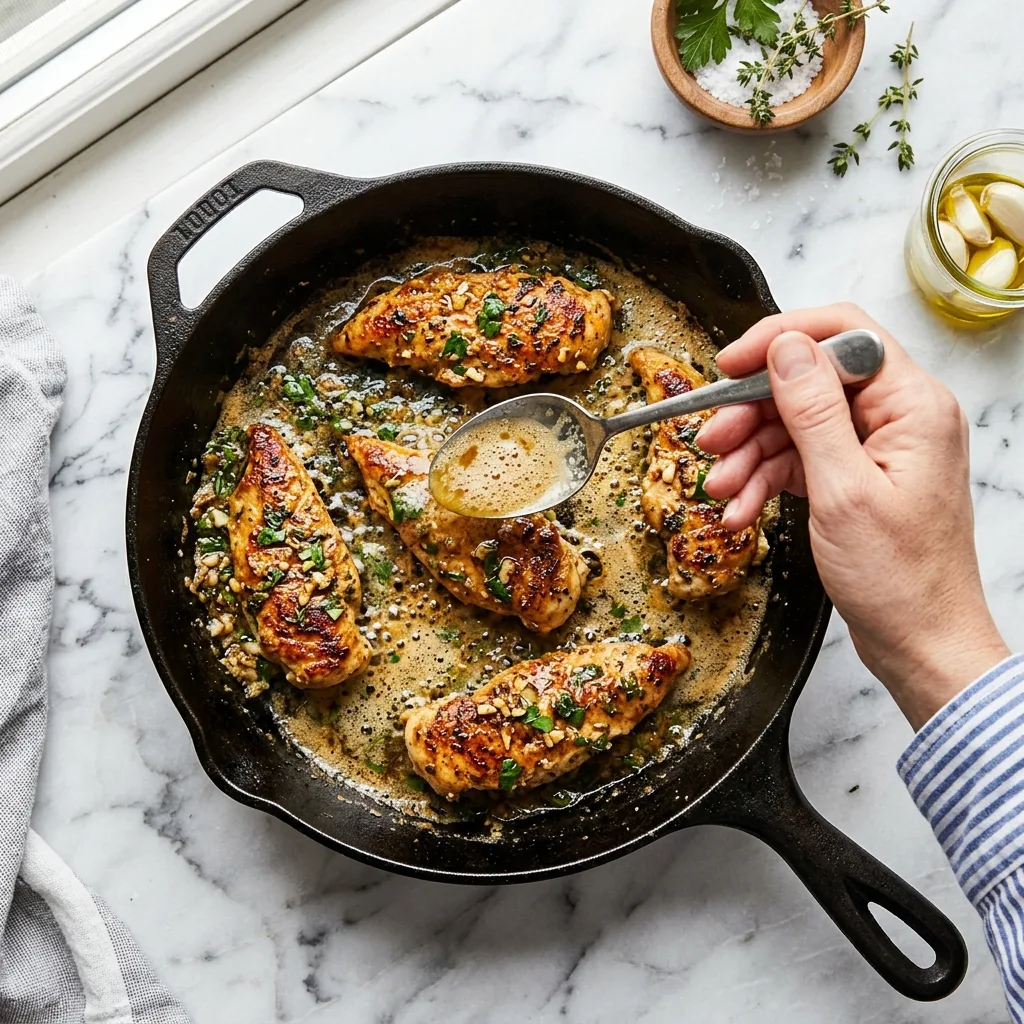 Basting chicken tenders with garlic butter
