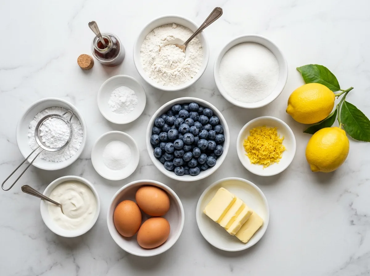 Blueberry Lemon Cake ingredients laid out on white marble counter