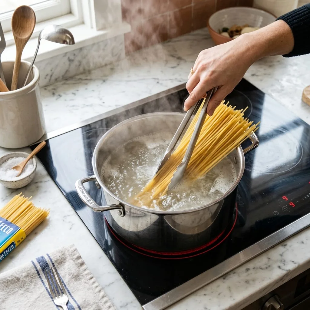 Submerging spaghetti into boiling salted water