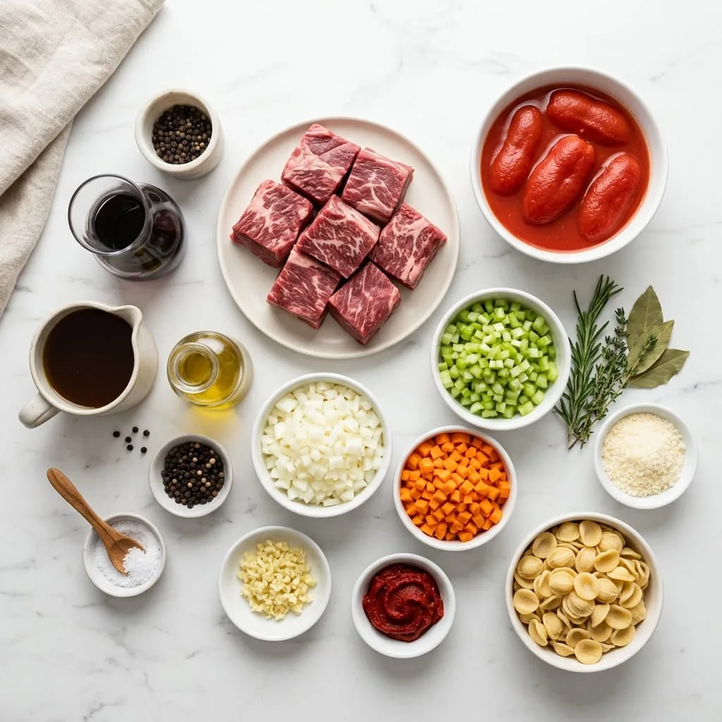 Braised beef ragu ingredients laid out on white marble countertop