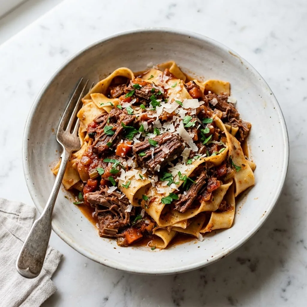 Plated bowl of pappardelle pasta tossed in rich Braised Beef Ragu with Parmesan