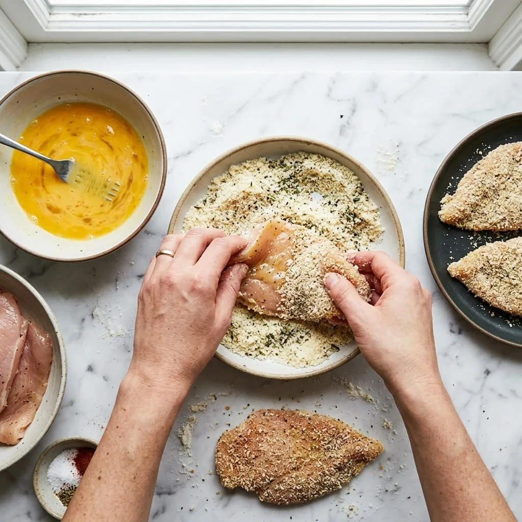 Breading chicken cutlets in almond flour and parmesan mixture