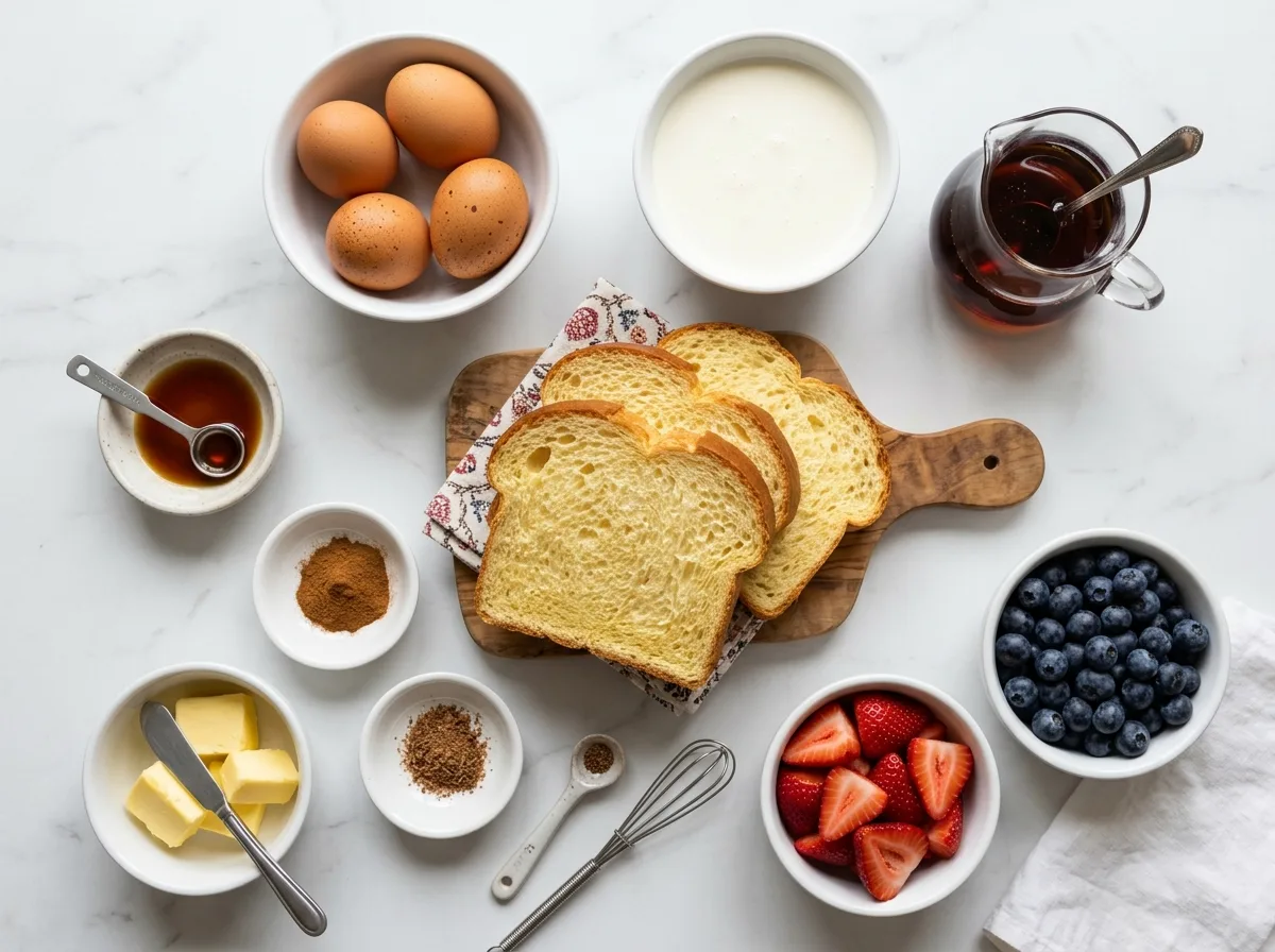 Brioche French Toast ingredients laid out on white marble counter