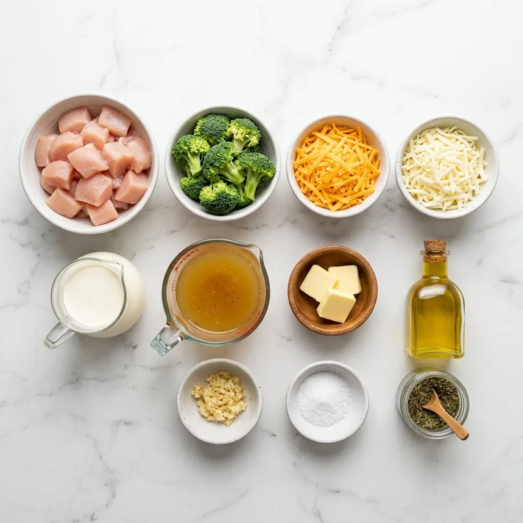 Broccoli chicken casserole ingredients laid out on marble countertop