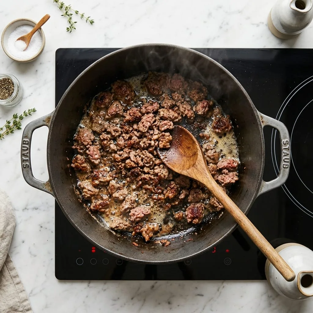 Browning ground beef in Dutch oven soup pot